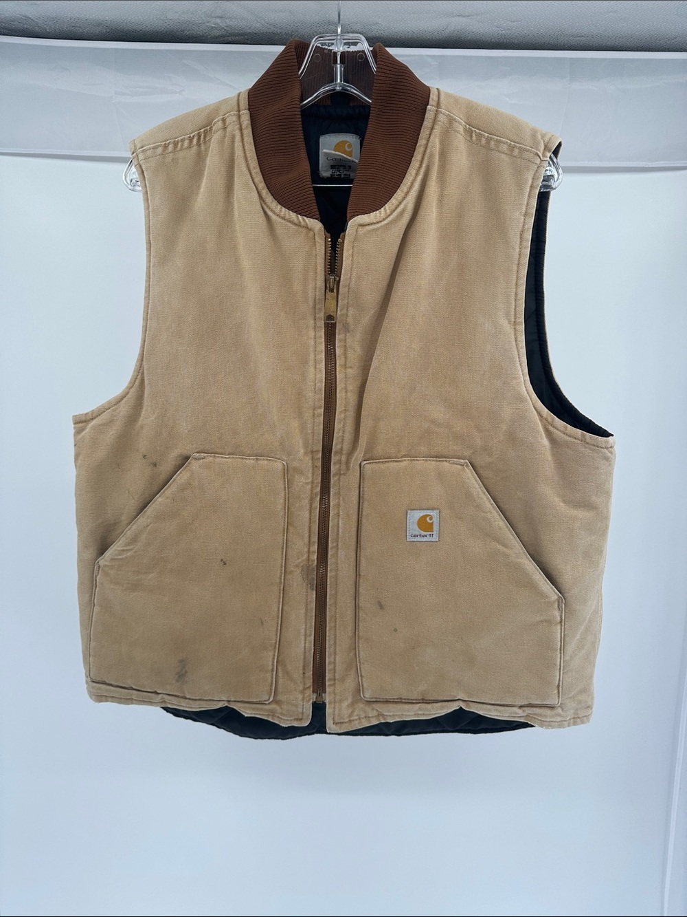 Carhartt Tan Duck Canvas Vest with Brown Rib Collar